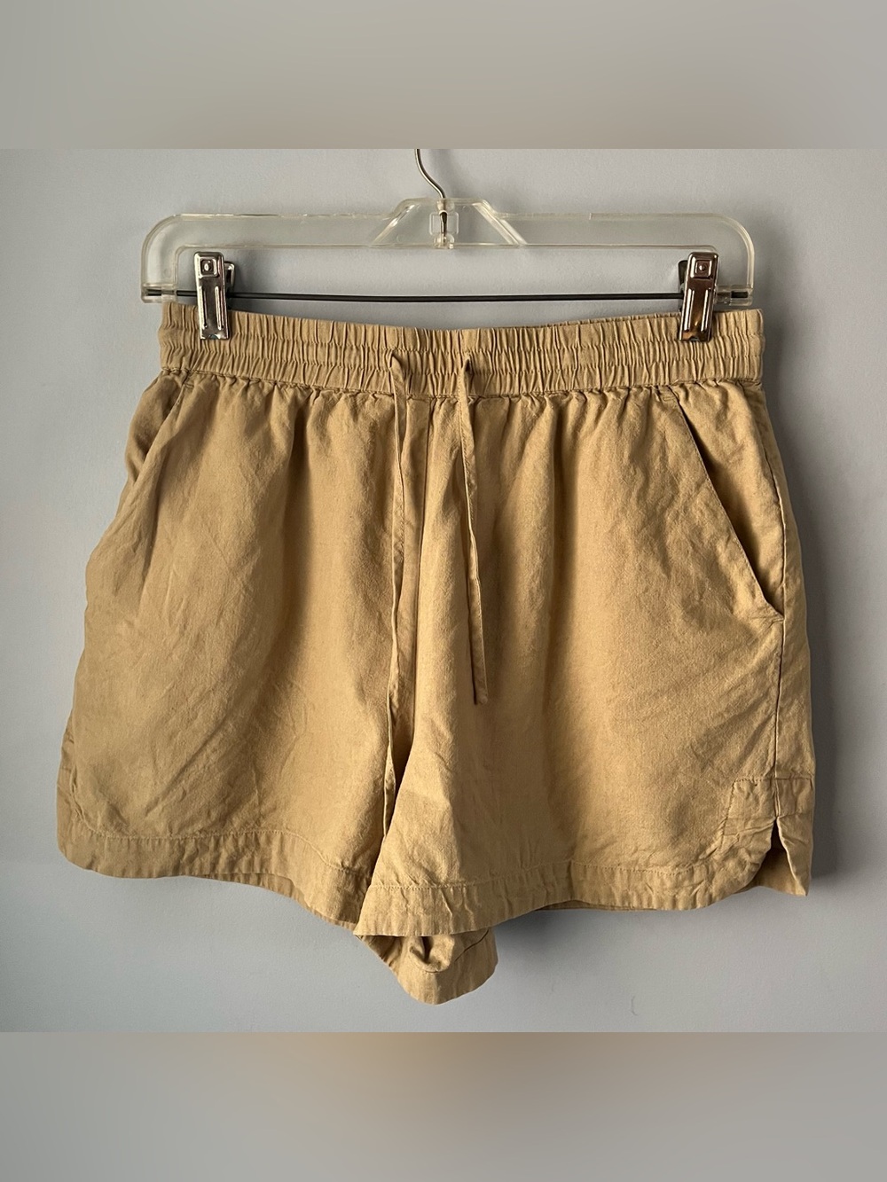 Frank & Oak Tan Linen Blend High Waist Drawstring Shorts Pockets Size S